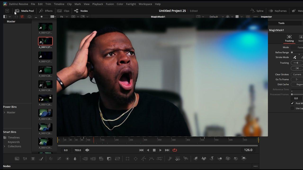 A DaVinci Resolve production session with clip thumbnails, a Magic Mask tracker, and a filmmaker reviewing a shot in the viewer.