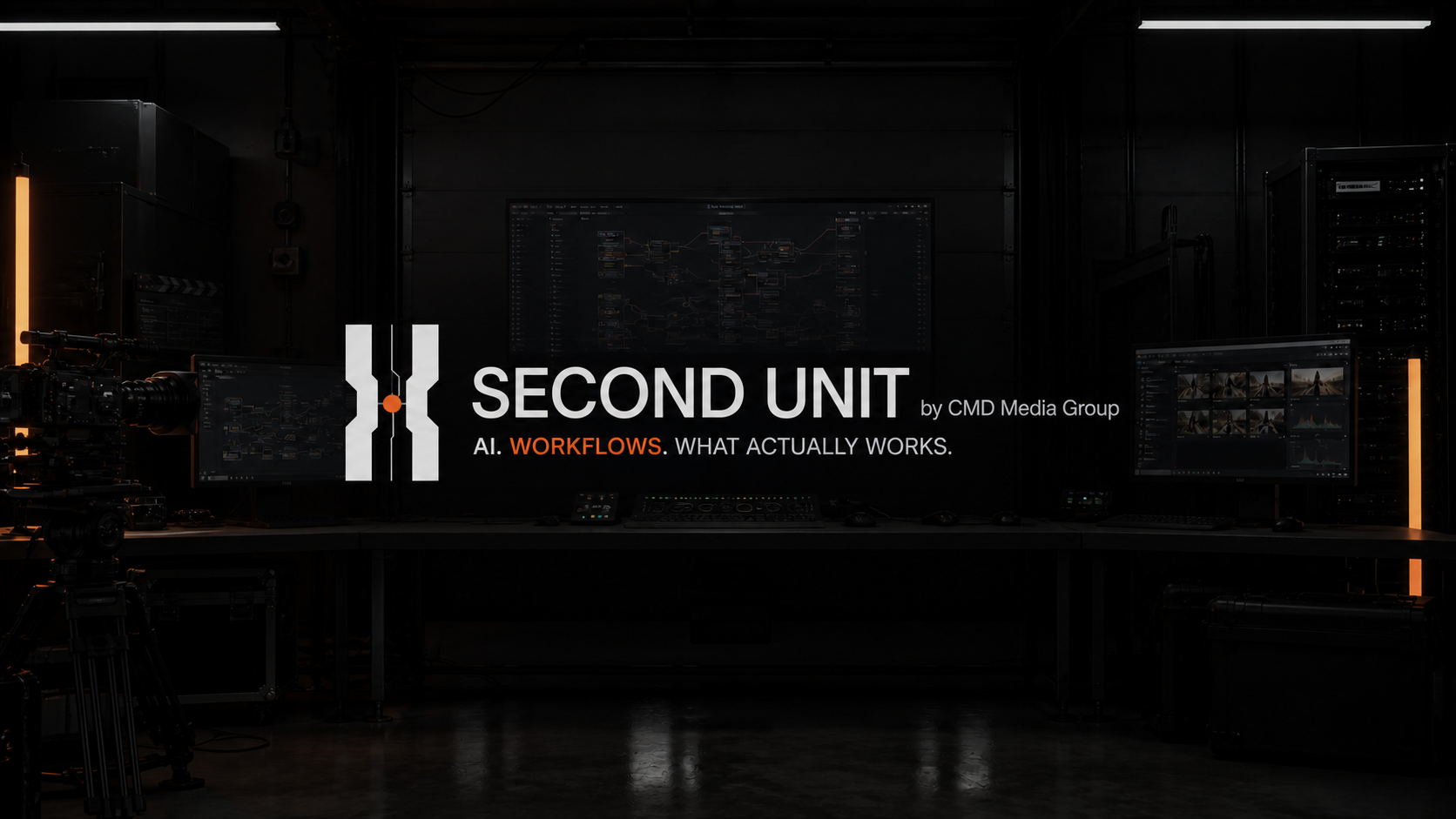 SECOND UNIT at a dark production workstation with cameras, node graphs, edit monitors, and orange practical lights.